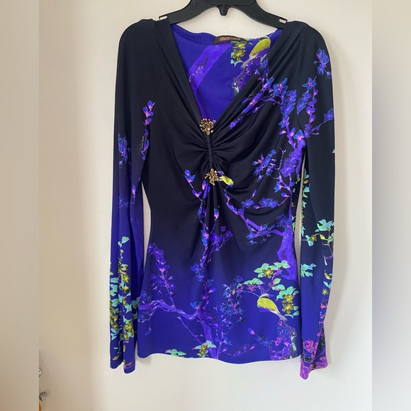 Roberto Cavalli Tops - Roberto Cavalli Purple Floral Print Jersey Ruched Top